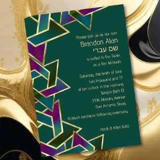 Pub Mitzvah Guld Lila Blue Grönt Star of David Inbjudningar