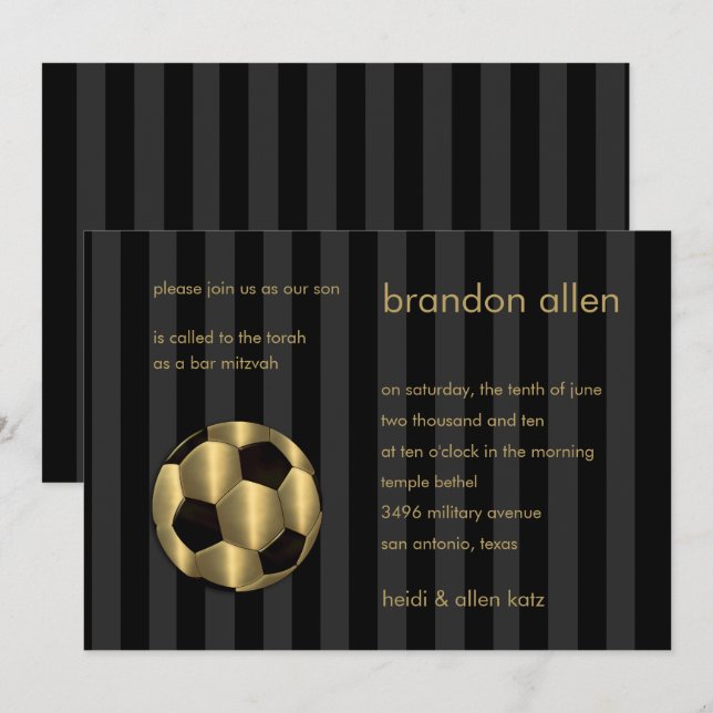 Pub Mitzvah Guld och Black Soccer Ball Inbjudningar (Fram/baksida)