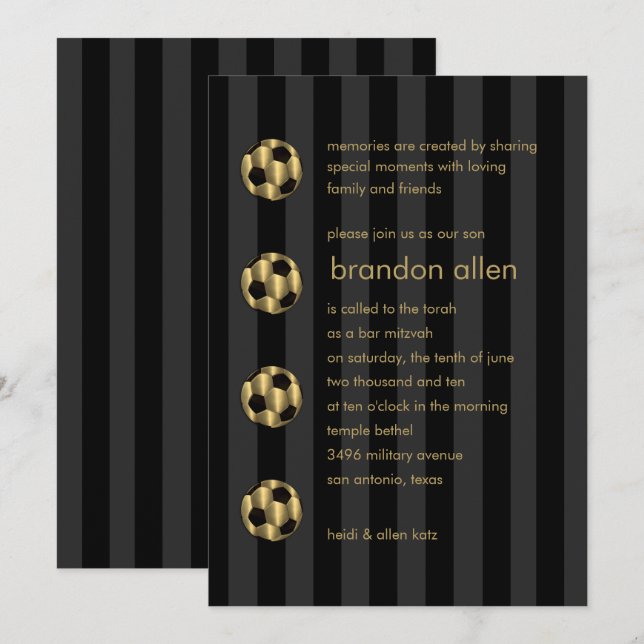 Pub Mitzvah Guld och Black Soccer Ball Inbjudningar (Fram/baksida)