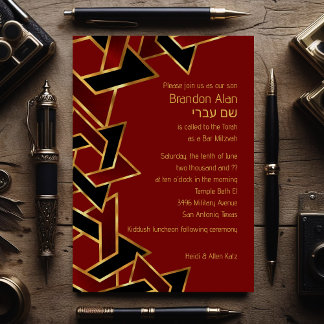 Pub Mitzvah Guld Red Black Star of David Inbjudningar