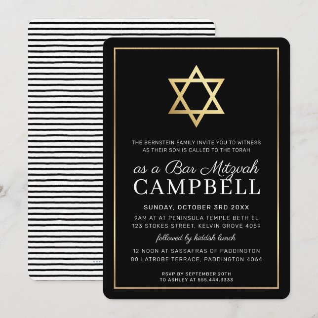 PUB MITZVAH guld star enkel, modern, svart vit Inbjudningar (Fram/baksida)