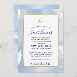 PUB MITZVAH guld star smart blue water color inbju Inbjudningar