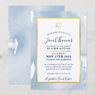 PUB MITZVAH guld star smart blue water color inbju Inbjudningar