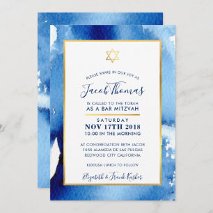 PUB MITZVAH guld star smart blue water color inbju Inbjudningar