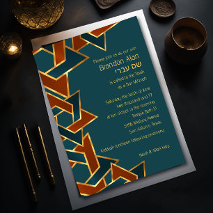 Pub Mitzvah Guld Teal Blue Rust Star of David Inbjudningar