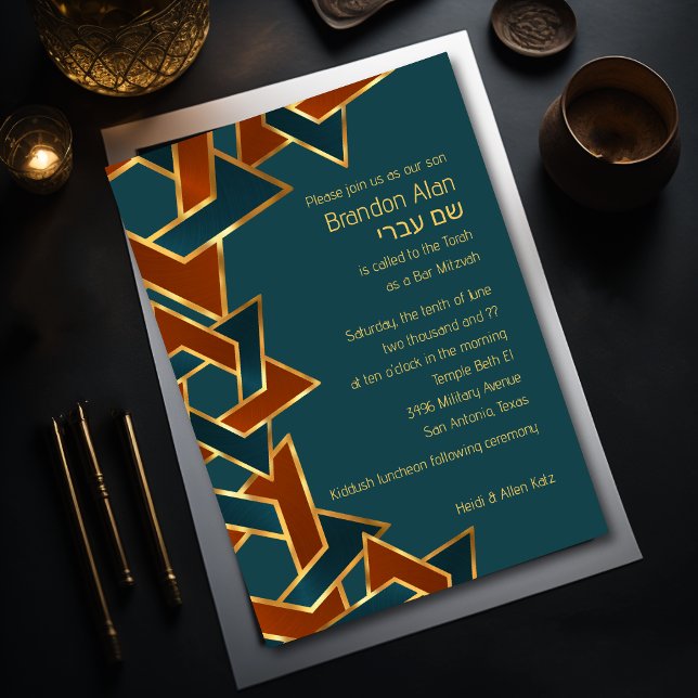 Pub Mitzvah Guld Teal Blue Rust Star of David Inbjudningar (Skapare uppladdad)