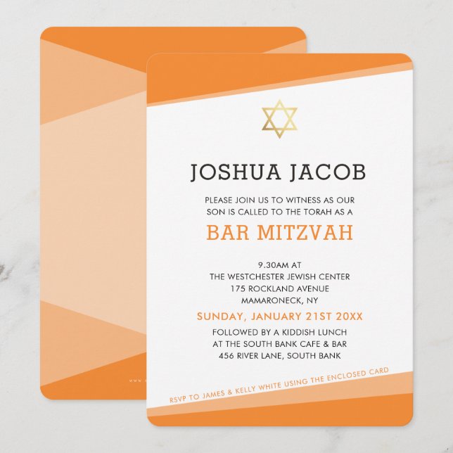 PUB MITZVAH INBJUDAN, enkel modern djärv orange Inbjudningar (Fram/baksida)