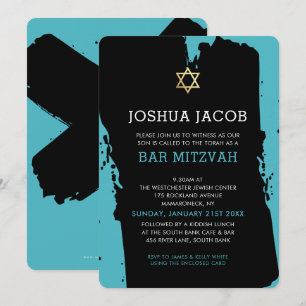 PUB MITZVAH INBJUDAN modern grunge turkos blått