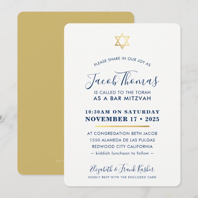 PUB MITZVAH INBJUDAN, modern marblåblå guld Inbjudningar (Fram/baksida)