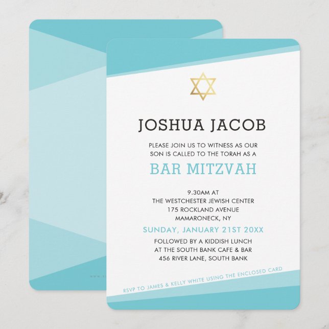 PUB MITZVAH INBJUDAN: modern turkosblått Inbjudningar (Fram/baksida)