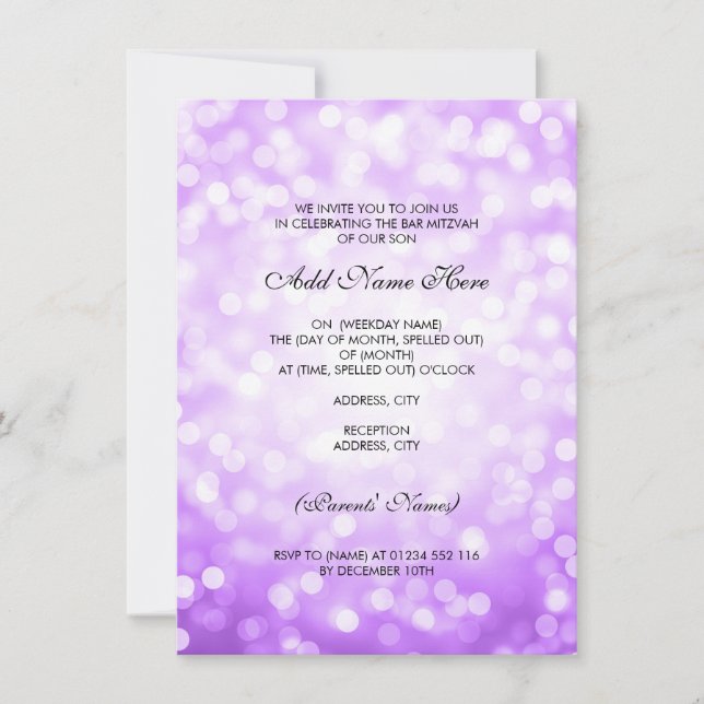 Pub Mitzvah Lila Glitter Ljus Inbjudningar (Framsida)