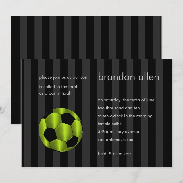 Pub Mitzvah Lime Green och Black Soccer Ball Inbjudningar (Fram/baksida)