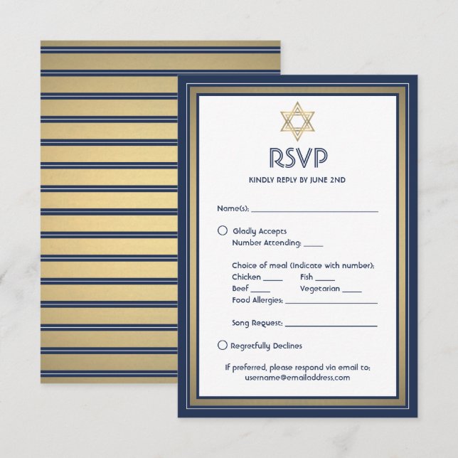 Pub Mitzvah Meal Options Sång Begär Blue Guld OSA Kort (Fram/baksida)