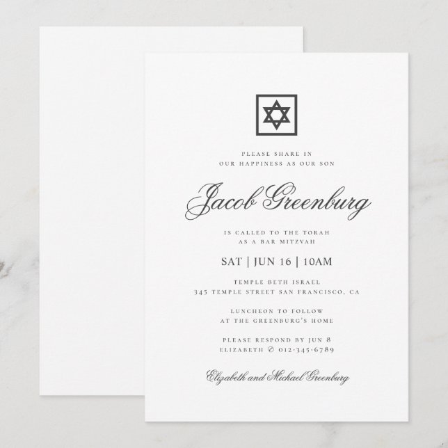 Pub Mitzvah minimalistisk, enkel klassisk Inbjudningar (Fram/baksida)