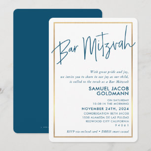 PUB MITZVAH - minimum modern mörk blått guld ram Inbjudningar