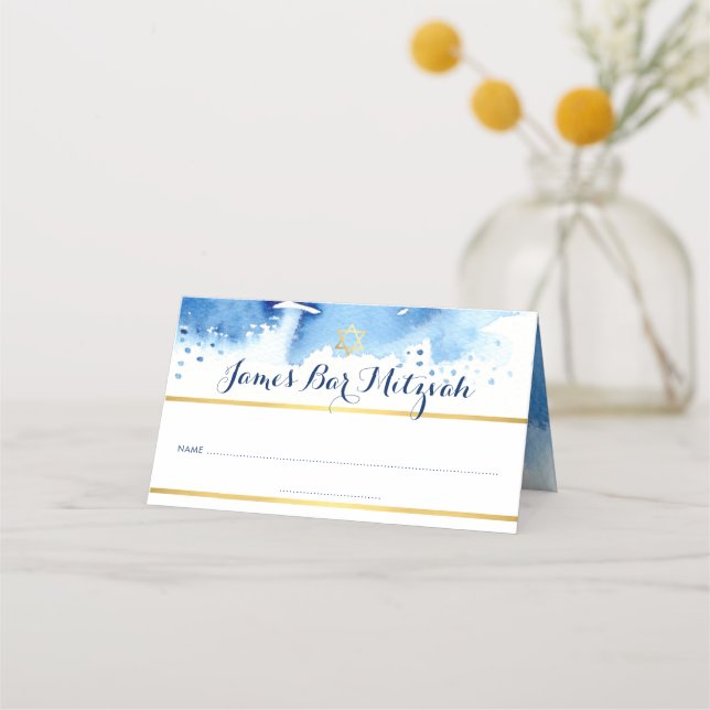PUB MITZVAH, modern blå vattenfärgsstjärna guld Placeringskort (Framsida)