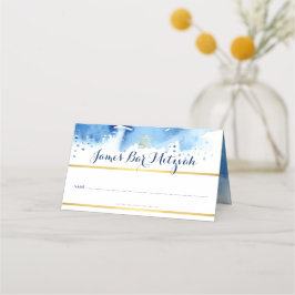 PUB MITZVAH, modern blå vattenfärgsstjärna guld Placeringskort