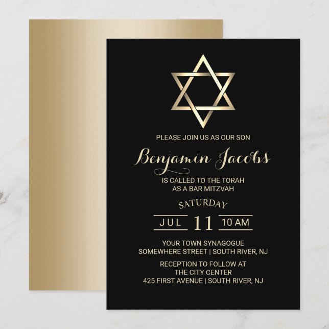 Pub Mitzvah Modern Black & Guld Jewish Inbjudningar (Fram/baksida)