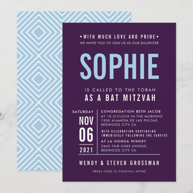 PUB MITZVAH, modern blocktyp, blek blue Inbjudningar (Fram/baksida)