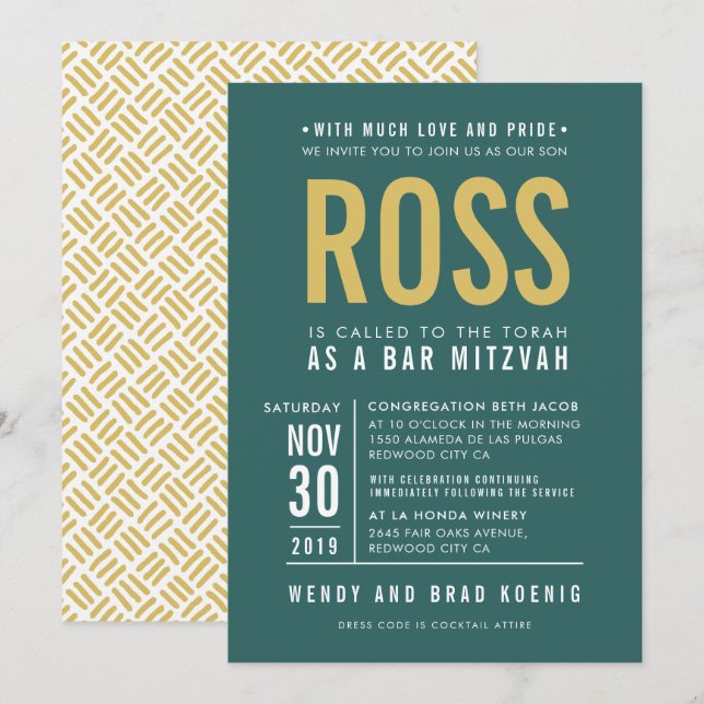 PUB MITZVAH, modern blocktyp skogen grönt guld Inbjudningar (Fram/baksida)