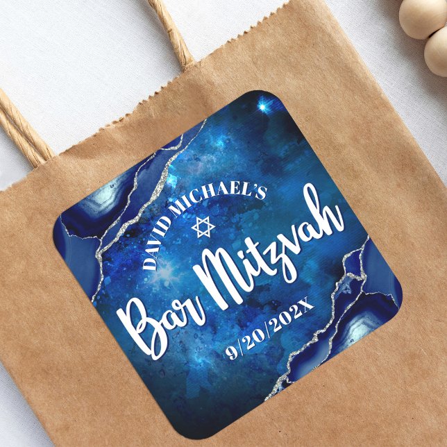 Pub Mitzvah Modern Blue Agate Watercolor-skript Fyrkantigt Klistermärke (Skapare uppladdad)