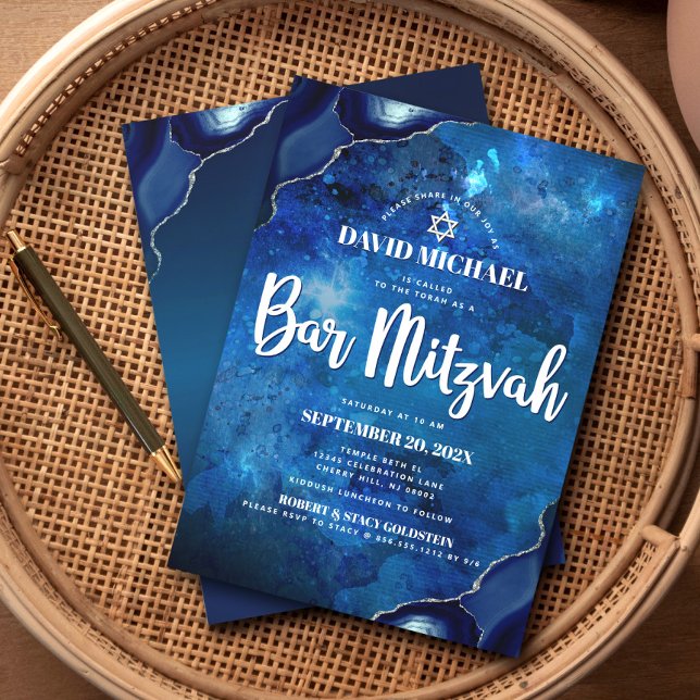 Pub Mitzvah Modern Blue Agate Watercolor-skript Inbjudningar (Skapare uppladdad)