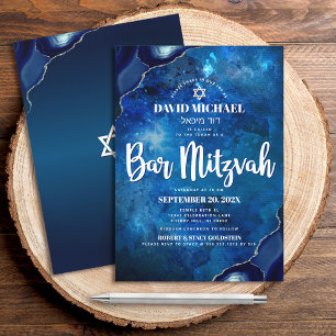 Pub Mitzvah Modern Blue Watercolor Agate-skript Inbjudningar