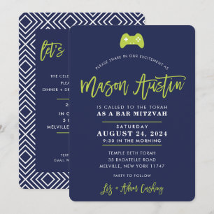 Pub Mitzvah modern contoller gamer navy lime MASON Inbjudningar