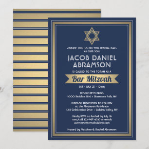 Pub Mitzvah Modern Elegant Navy Blue White & Guld Inbjudningar