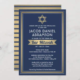 Pub Mitzvah Modern Elegant Navy Blue White & Guld Inbjudningar