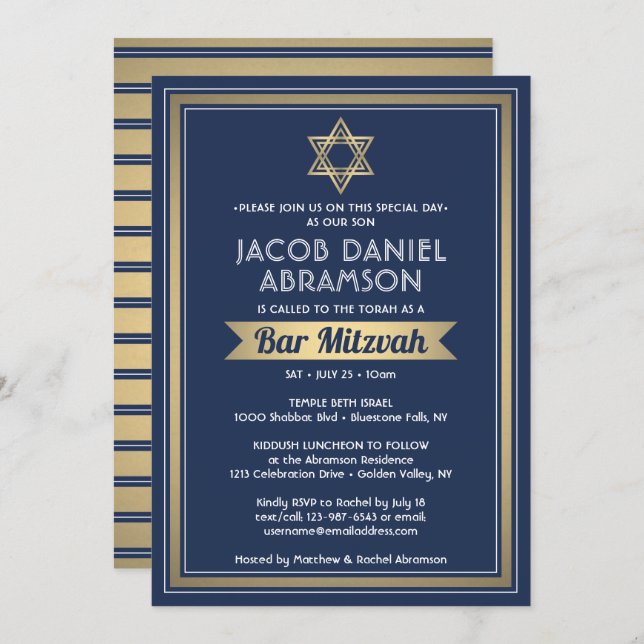 Pub Mitzvah Modern Elegant Navy Blue White & Guld Inbjudningar (Fram/baksida)
