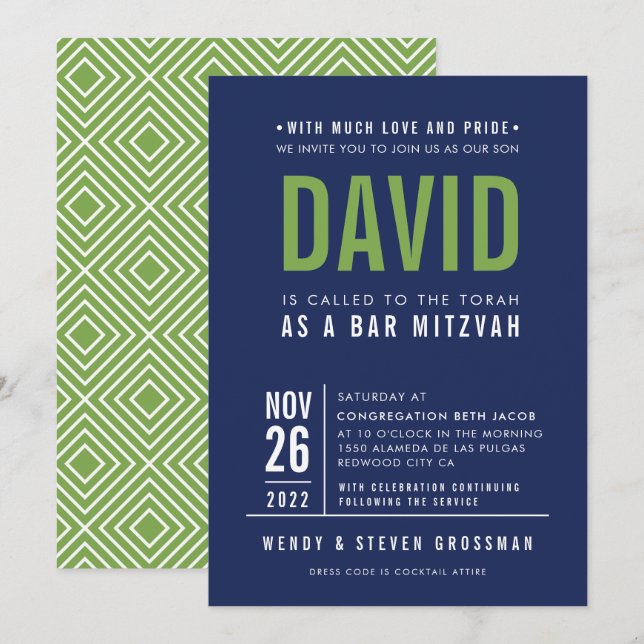 PUB MITZVAH, modern fet blocktyp marin blå grönt Inbjudningar (Fram/baksida)