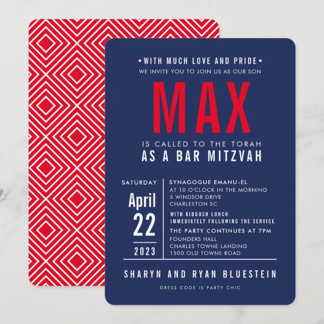 PUB MITZVAH, modern fet blocktyp, marint blått Inbjudningar (Fram/baksida)