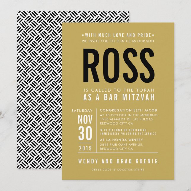PUB MITZVAH, modern fet blocktyp, svart guld Inbjudningar (Fram/baksida)