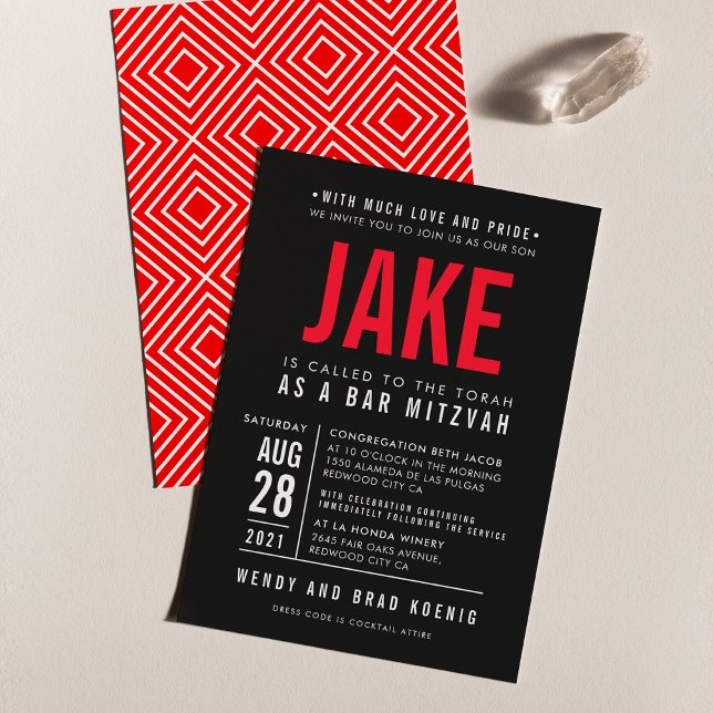 PUB MITZVAH, modern, fet geometrisk typ svart röd Inbjudningar (Skapare uppladdad)