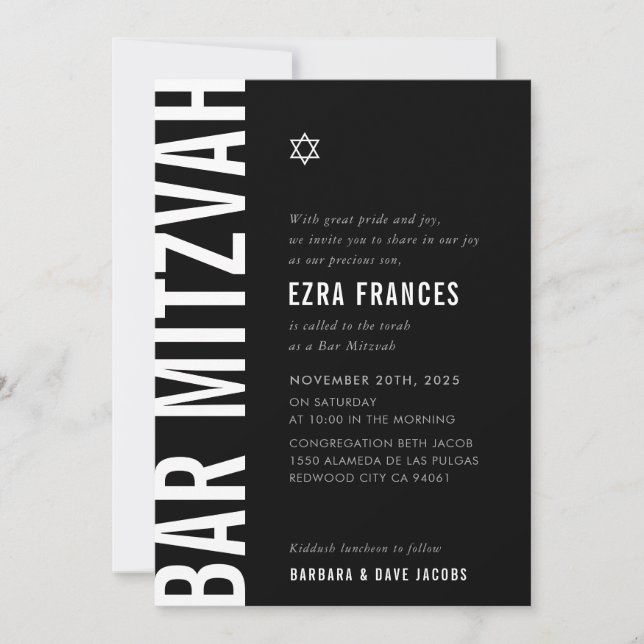 PUB MITZVAH, modern, fet, svart, vit Inbjudningar (Framsida)