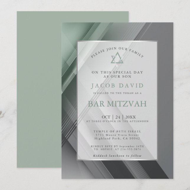 Pub Mitzvah Modern Geometric Grönt Charcol Inbjudningar (Fram/baksida)
