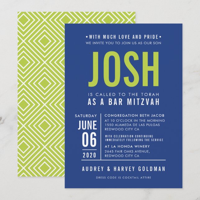 PUB MITZVAH modern geometrisk typ royal blått kalk Inbjudningar (Fram/baksida)