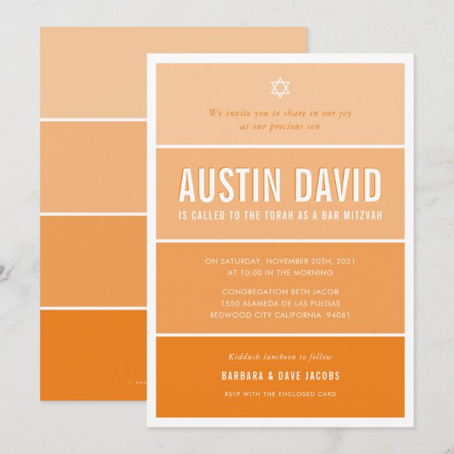 PUB MITZVAH, modern gradient med fetstil, orange Inbjudningar (Fram/baksida)