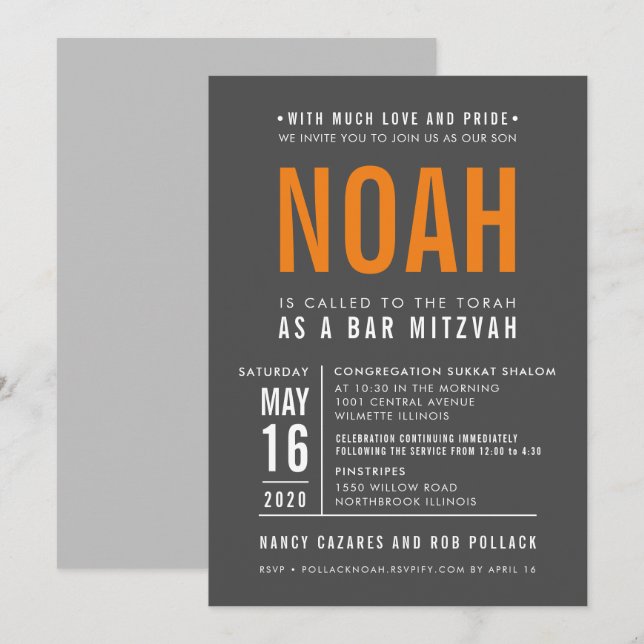 PUB MITZVAH, modern grått-orange med fet stil Inbjudningar (Fram/baksida)