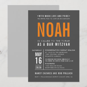 PUB MITZVAH, modern grått-orange med fet stil Inbjudningar