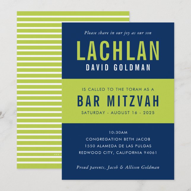 PUB MITZVAH, modern, minimal typografi (blått kalk Inbjudningar (Fram/baksida)