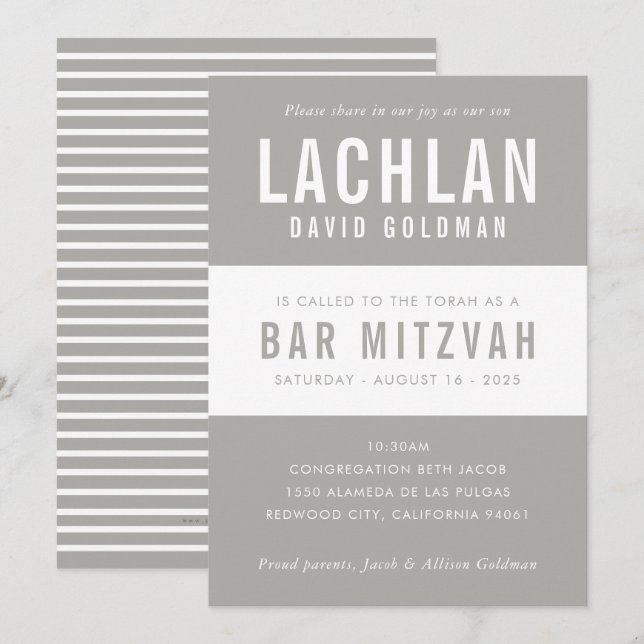 PUB MITZVAH modern minimal typografi grått-vit Inbjudningar (Fram/baksida)