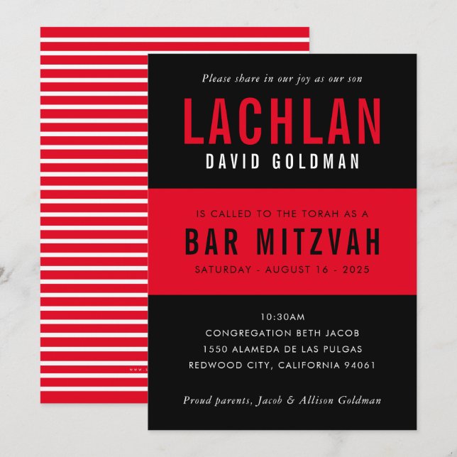 PUB MITZVAH modern minimal typografi svart röd Inbjudningar (Fram/baksida)