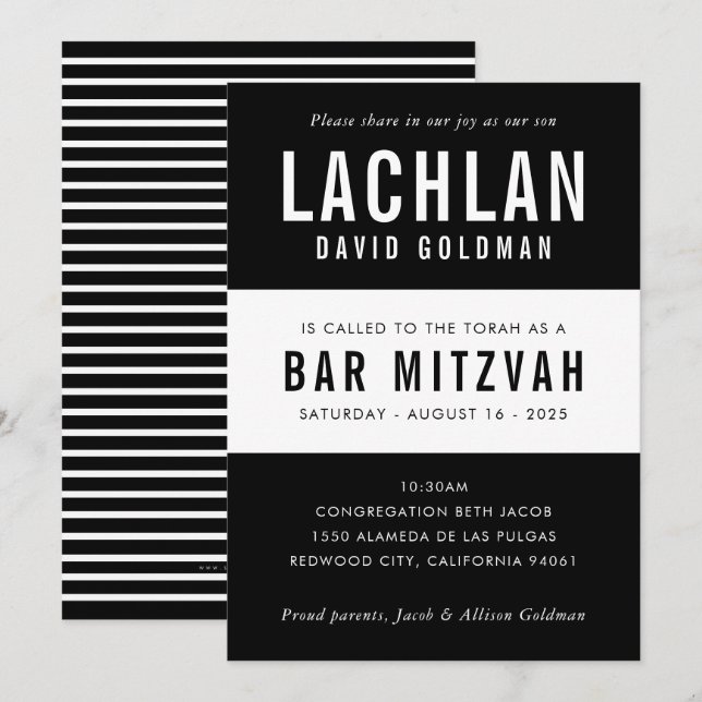 PUB MITZVAH modern minimal typografi svart vit Inbjudningar (Fram/baksida)