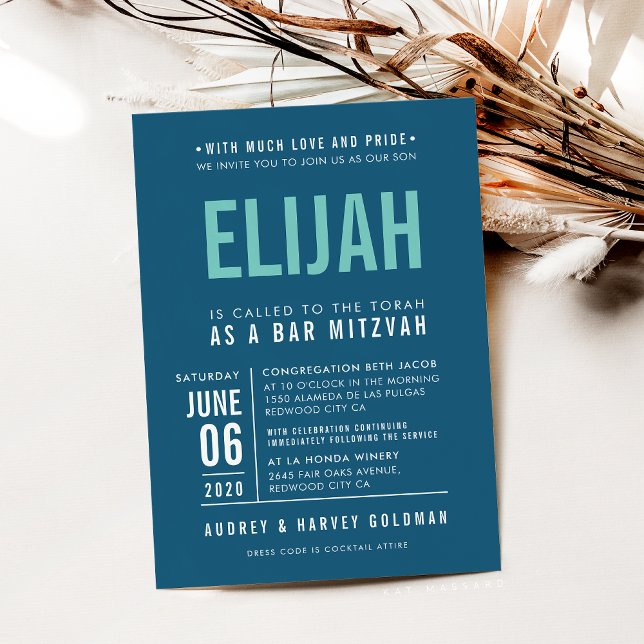 PUB MITZVAH, modern mörk blått myntmynta i fetstil Inbjudningar (Skapare uppladdad)