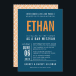 PUB MITZVAH, modern mörk blått orange med fetstil Inbjudningar<br><div class="desc">by kat masard >> WWW.SIMPLYSWEETPAPERIE.COM << - - - - - - - - - - CONTACT ME för att hjälpa till att balansera din typ perfekt Kärlek i designen, men vill se vissa ändringar - ett annat färg-schema, produkt, foto eller anpassad för ett annat tillfälle - ingen oro kontaktar...</div>