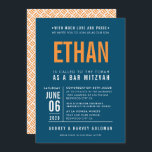 PUB MITZVAH, modern mörk blått orange med fetstil Inbjudningar<br><div class="desc">by kat masard >> WWW.SIMPLYSWEETPAPERIE.COM << - - - - - - - - - - CONTACT ME för att hjälpa till att balansera din typ perfekt Kärlek i designen, men vill se vissa ändringar - ett annat färg-schema, produkt, foto eller anpassad för ett annat tillfälle - ingen oro kontaktar...</div>