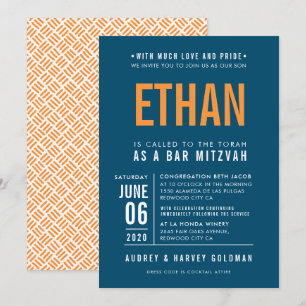 PUB MITZVAH, modern mörk blått orange med fetstil Inbjudningar