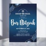 Pub Mitzvah Modern Navy Blue Ombre Agate-skript i Inbjudningar<br><div class="desc">Var stolt, gladd och visa den här milstolpen av Pub Mitzvah! Skicka ut den här coolan, en unik, modern inbjudan till personligen om en händelse att komma ihåg. Vit manustypografi och David Star täcker över en djup marin blå ombre-bakgrund med stålblå agat accentuerad med faux silver-vener. Anpassa anpassningsbarna med Pub...</div>